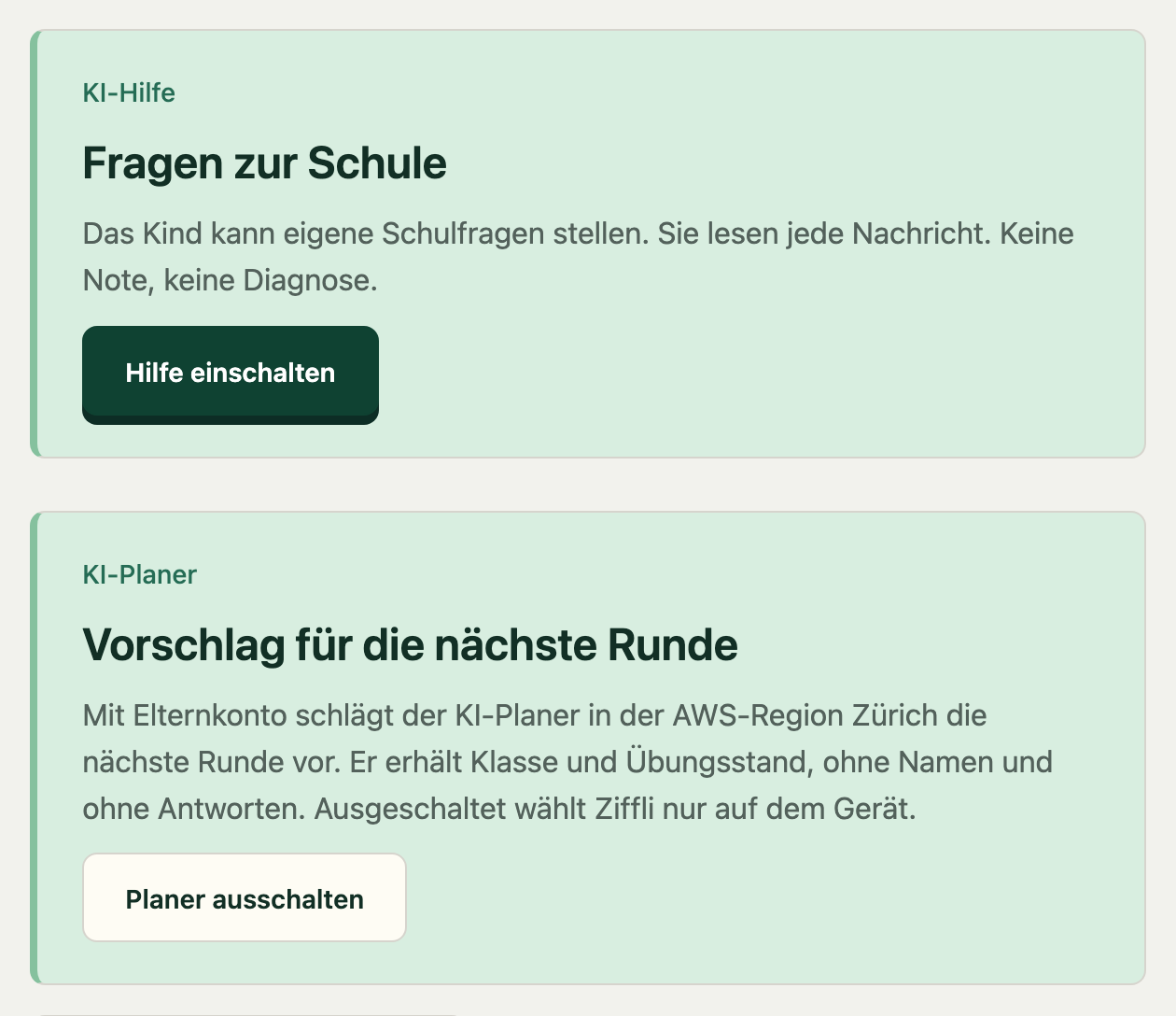 Elternbereich mit zwei Karten: «Fragen zur Schule» mit dem Knopf «Hilfe einschalten» und «Vorschlag für die nächste Runde» mit dem Knopf «Planer ausschalten».