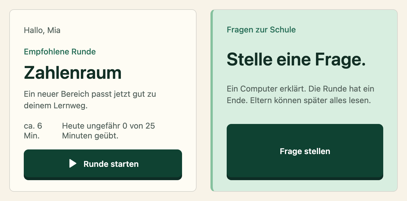 Zwei Karten auf der Kinderstartseite: «Empfohlene Runde: Zahlenraum» mit dem Knopf «Runde starten» und «Fragen zur Schule: Stelle eine Frage» mit dem Knopf «Frage stellen».