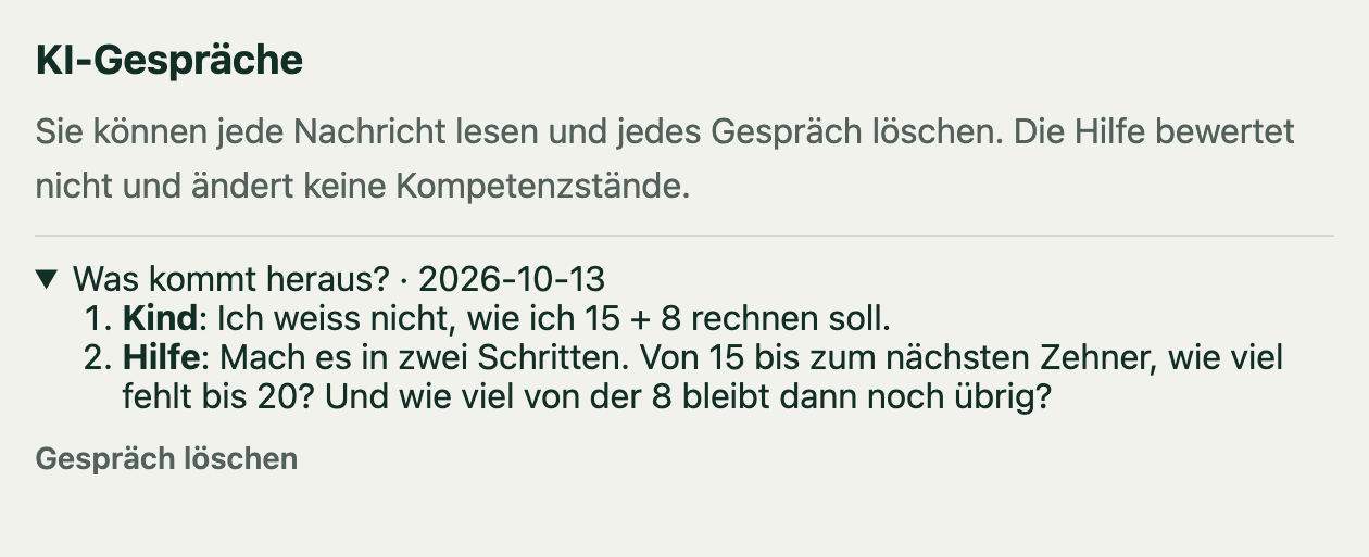 Abschnitt «KI-Gespräche» im Elternbereich mit der Frage des Kindes, der Antwort der Hilfe und dem Knopf «Gespräch löschen».