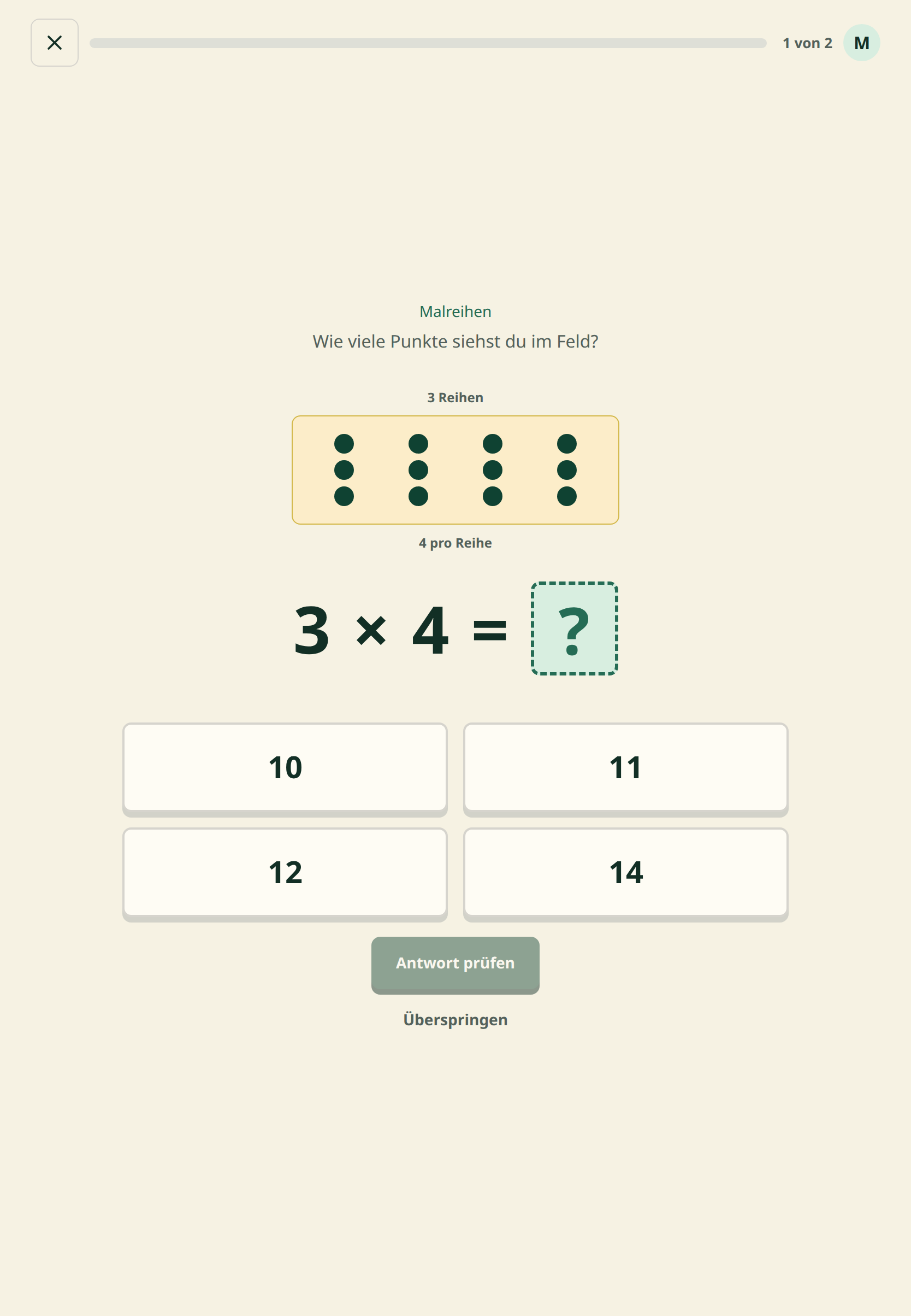 Mathematik-Aufgabe: 3 × 4 als Punktefeld mit Antwortauswahl