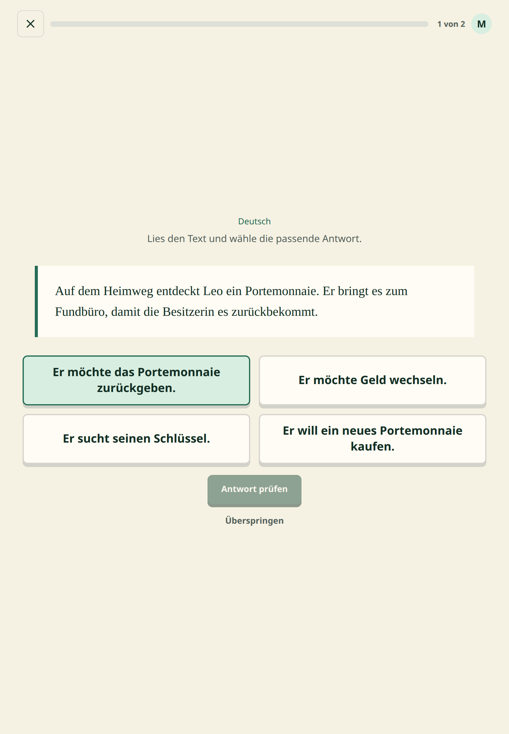 Deutsch-Aufgabe: kurzen Text lesen und begründen